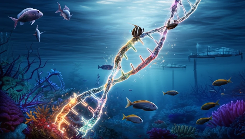 Surreal underwater scene showcasing fish swimming around a DNA strand representing the Photobacterium damselae subsp. piscicida genome, with aquaculture farms in the background.