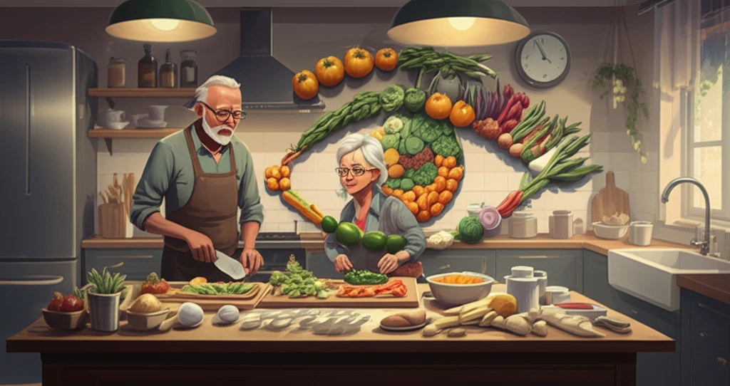 Seniors cooking eye-healthy meals together in a community kitchen.