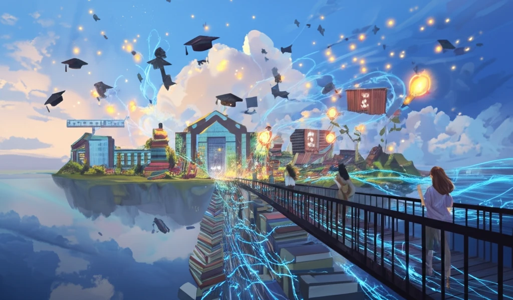 A bridge made of books connecting a university and a community, symbolizing knowledge translation.