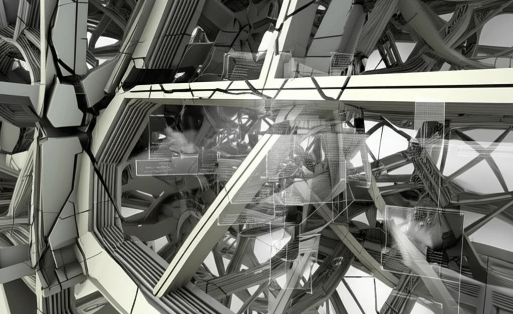 Abstract illustration of metallic structure overlaid with engineering diagrams.