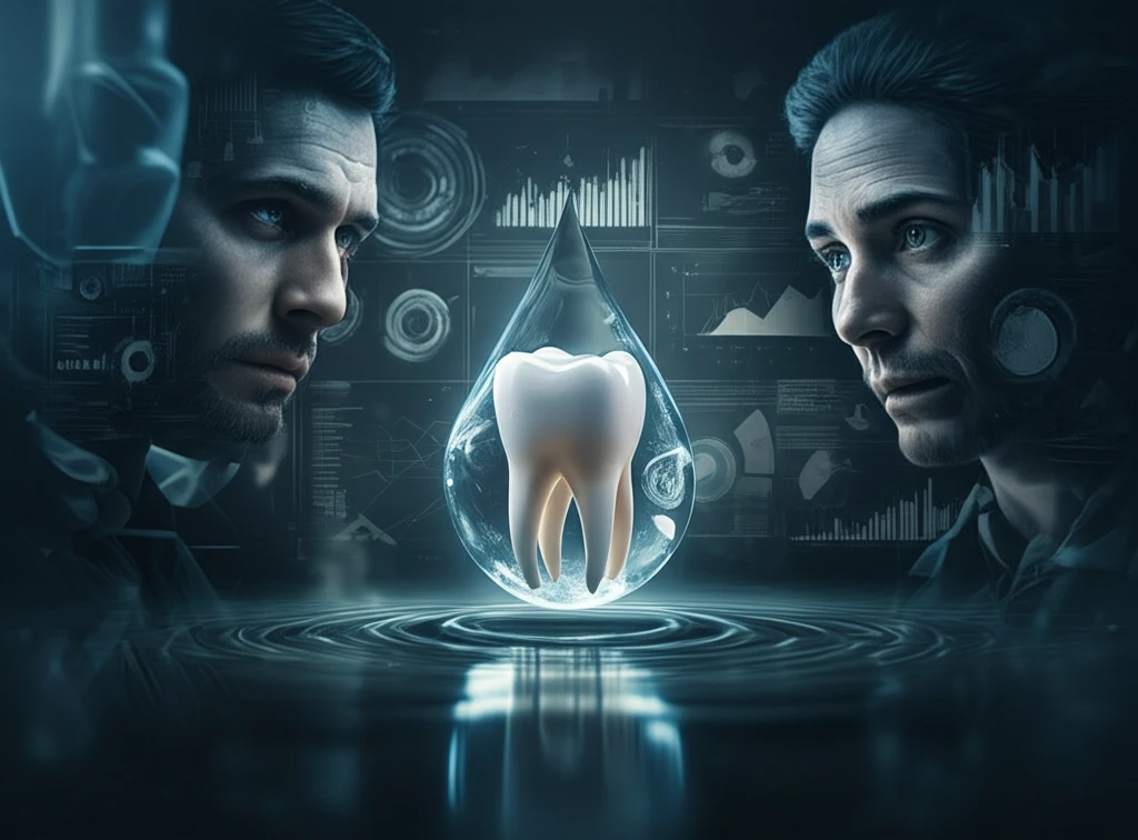 Surreal illustration of a water droplet transforming into a healthy tooth, surrounded by concerned faces dissolving into scientific charts.