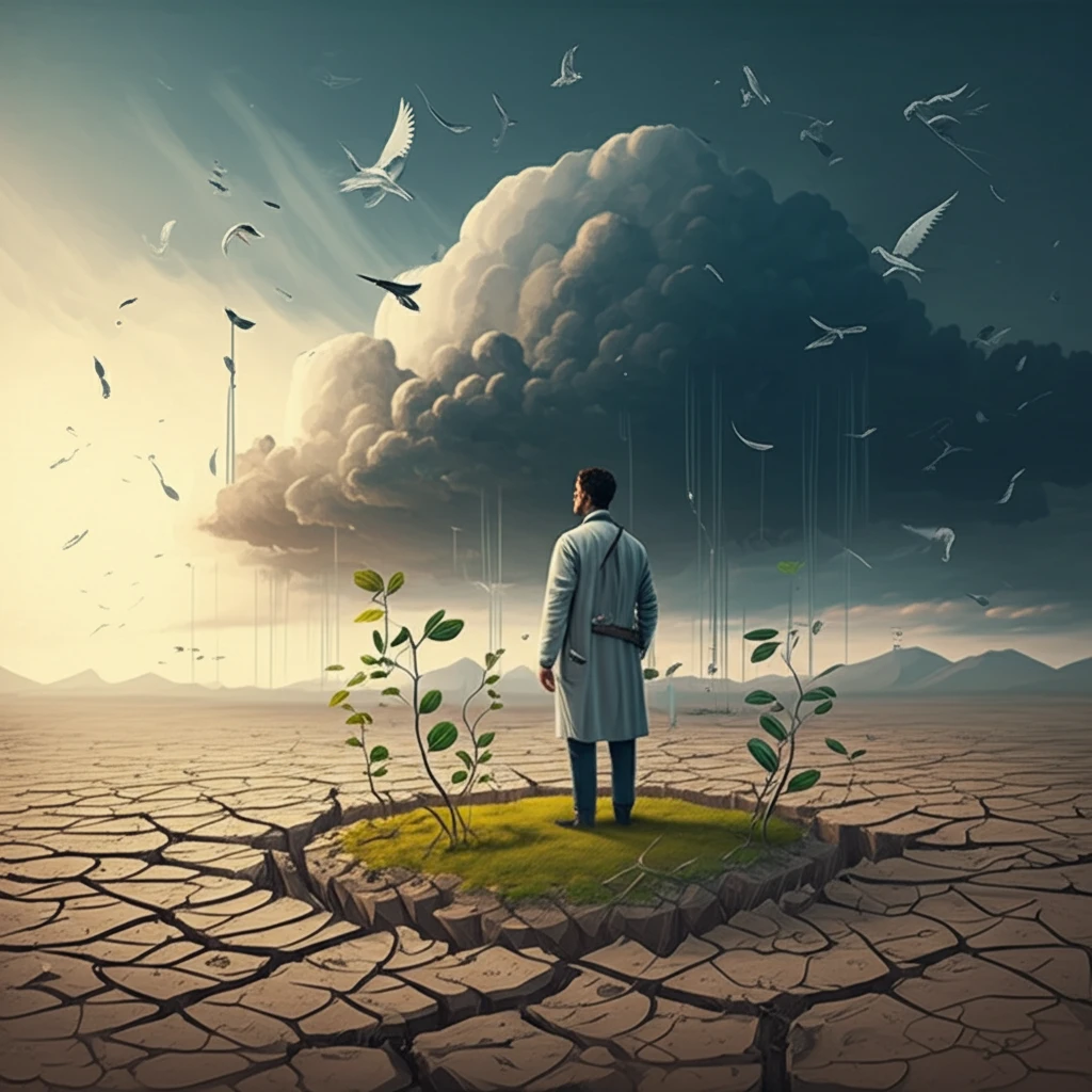 A doctor standing in a barren landscape, with rays of light nourishing small plants, symbolizing overcoming burnout through support.