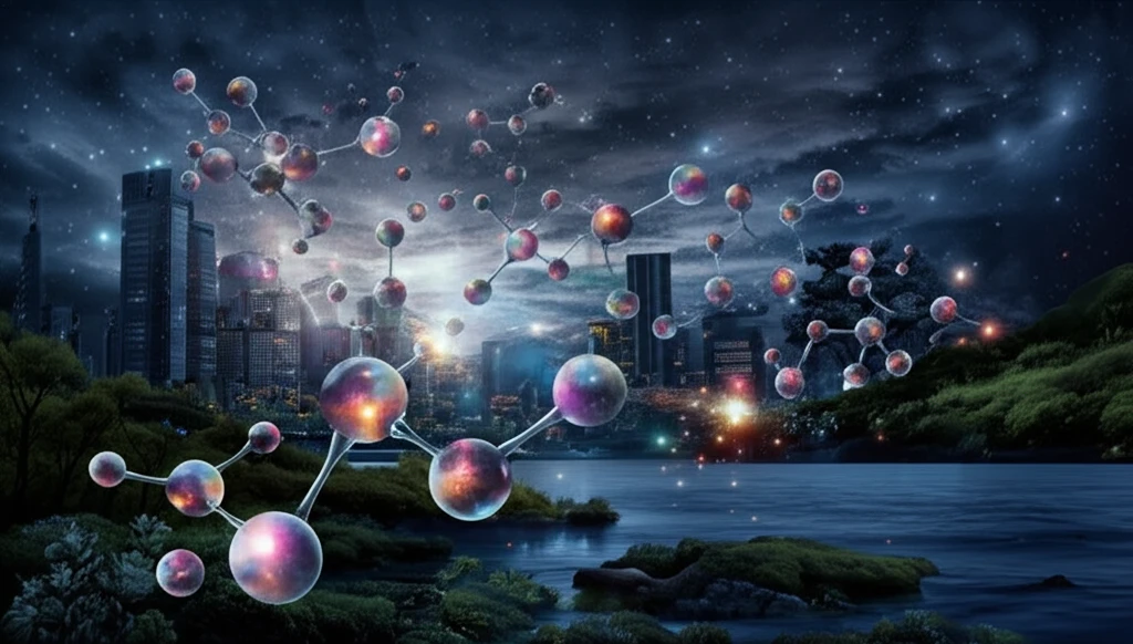 Surreal molecular structures interconnected with futuristic cityscapes and natural landscapes.