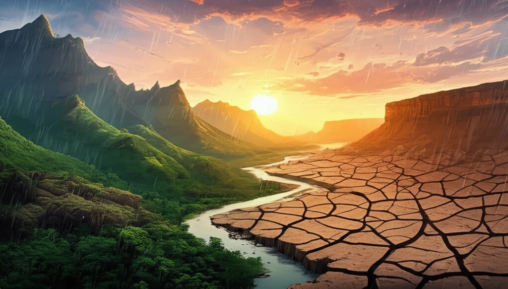 Surreal illustration of Western Ghats showing contrasting rainfall impacts.