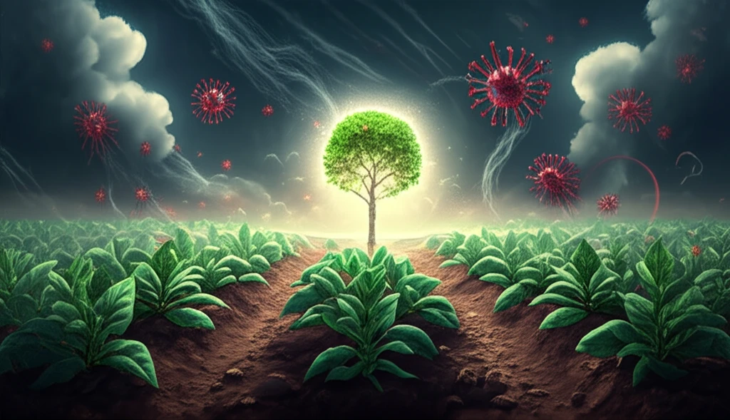 Surreal image of Tomato Spotted Wilt Virus spreading across crops.