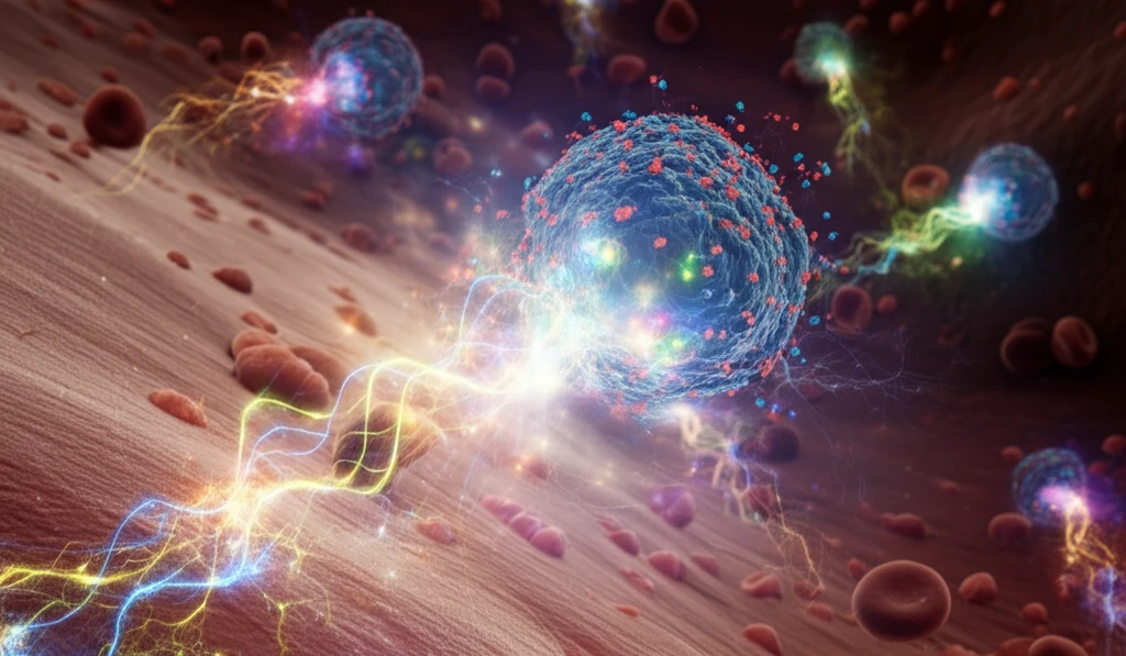 Nanoparticles emitting colorful waves of energy within a human bloodstream, symbolizing early disease detection.