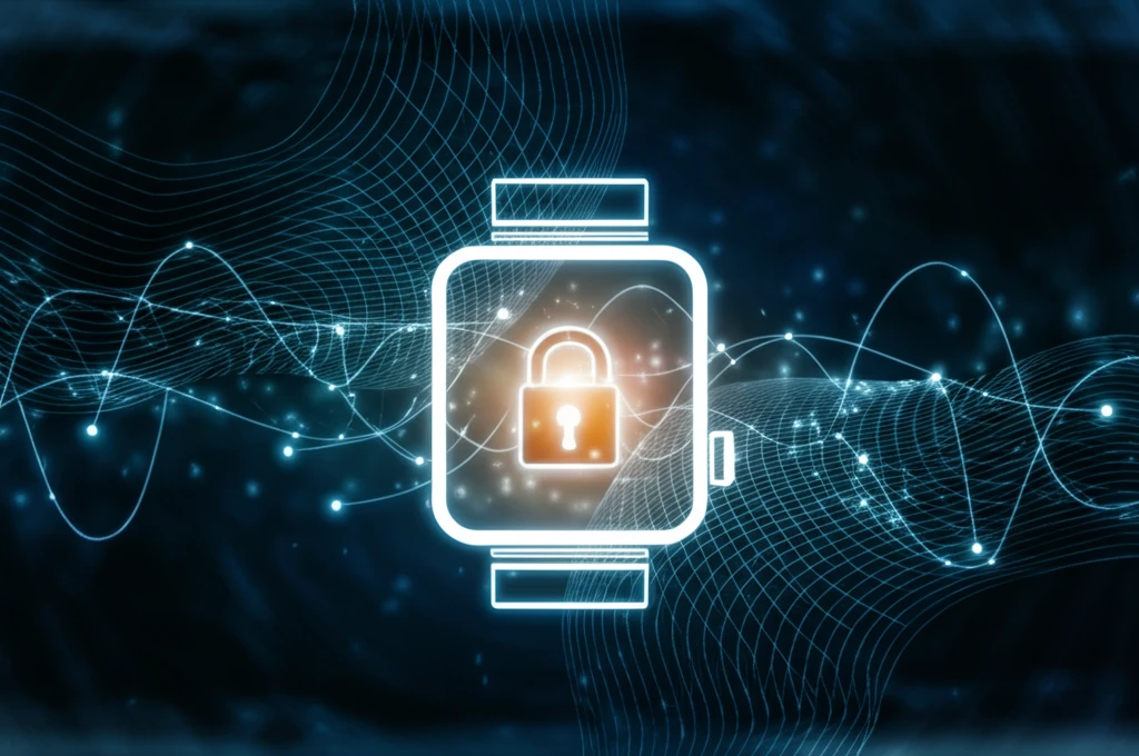 Abstract illustration of wearable tech connected to a secure network, symbolizing user revocation and data protection.