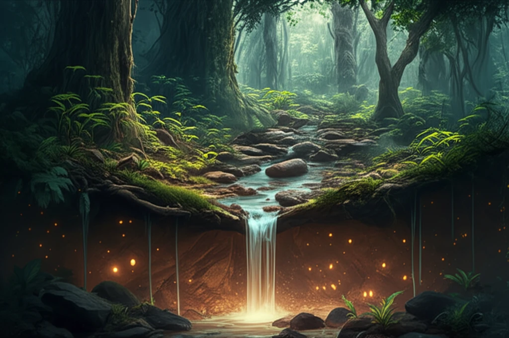 Surreal illustration of water flow in an African montane forest.