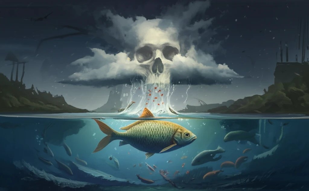 Surreal illustration of a fish in polluted water, symbolizing arsenic contamination.