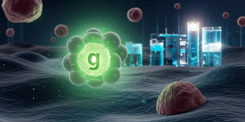 Surreal illustration of fluorine atom within a drug molecule targeting cancer cells.