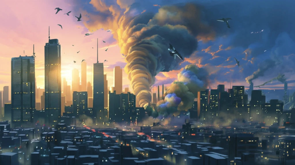 A surreal cityscape with a mix of polluted and clean areas, symbolizing the impact of air quality.