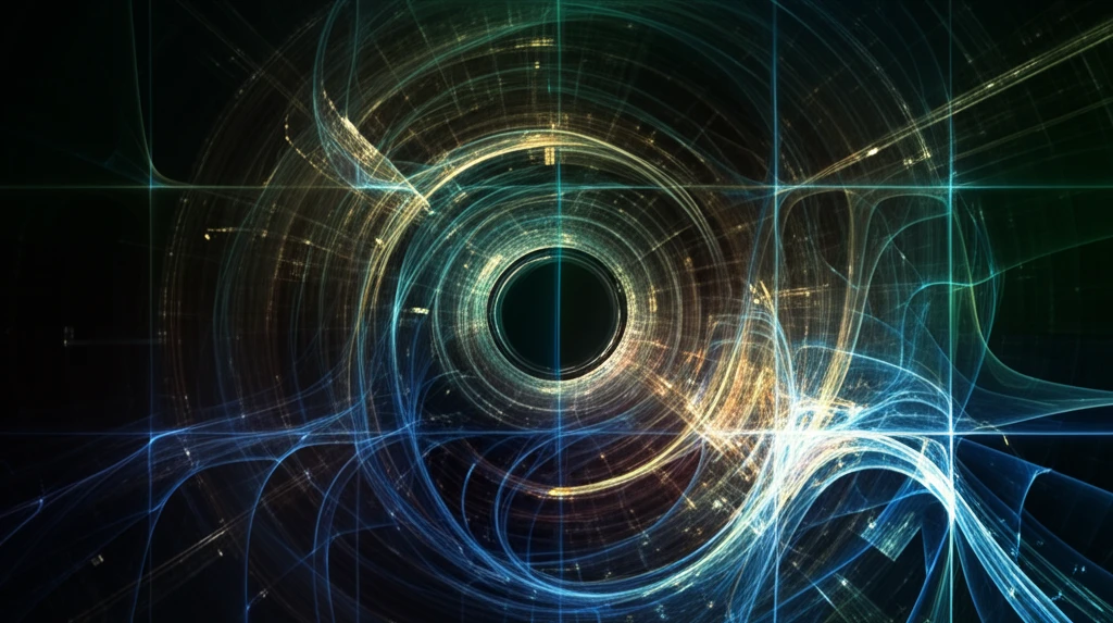 Swirling vortex of interconnected lines and particles symbolizing a dynamical system.