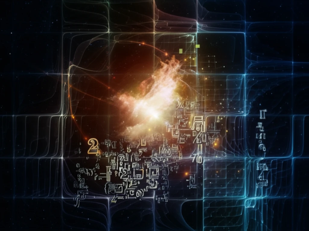 Surreal digital illustration of a lattice structure with glowing mathematical symbols, symbolizing a physics simulation.