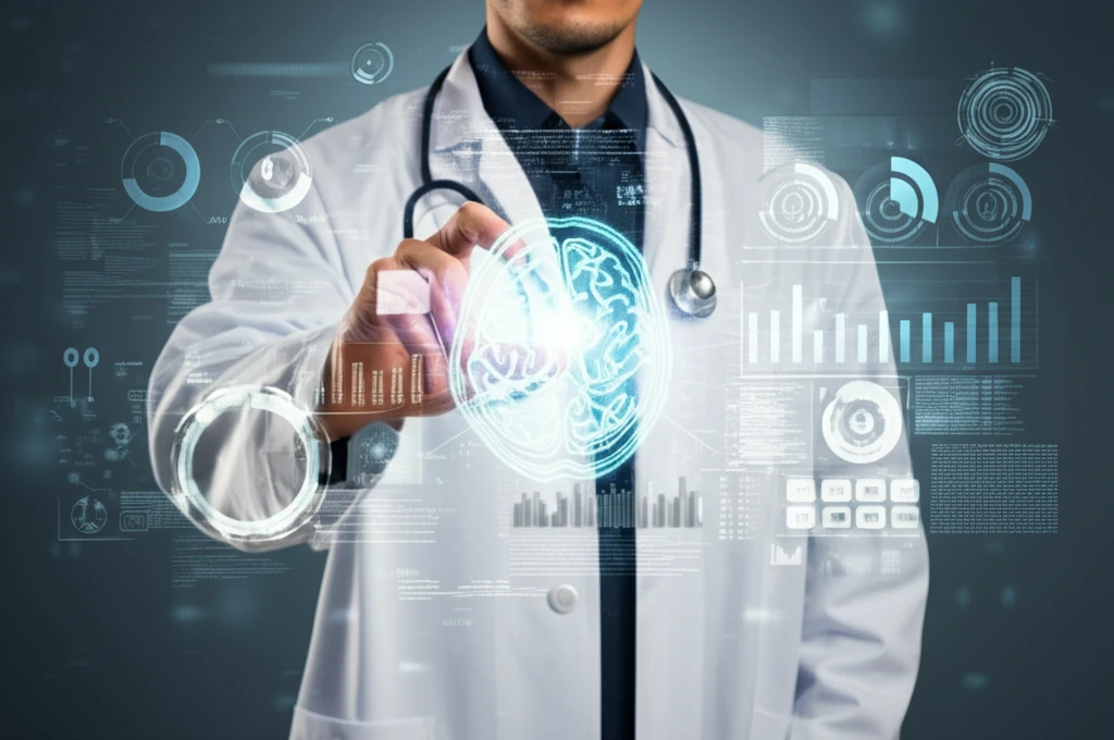 Glowing brain scan integrating expert analysis and data.