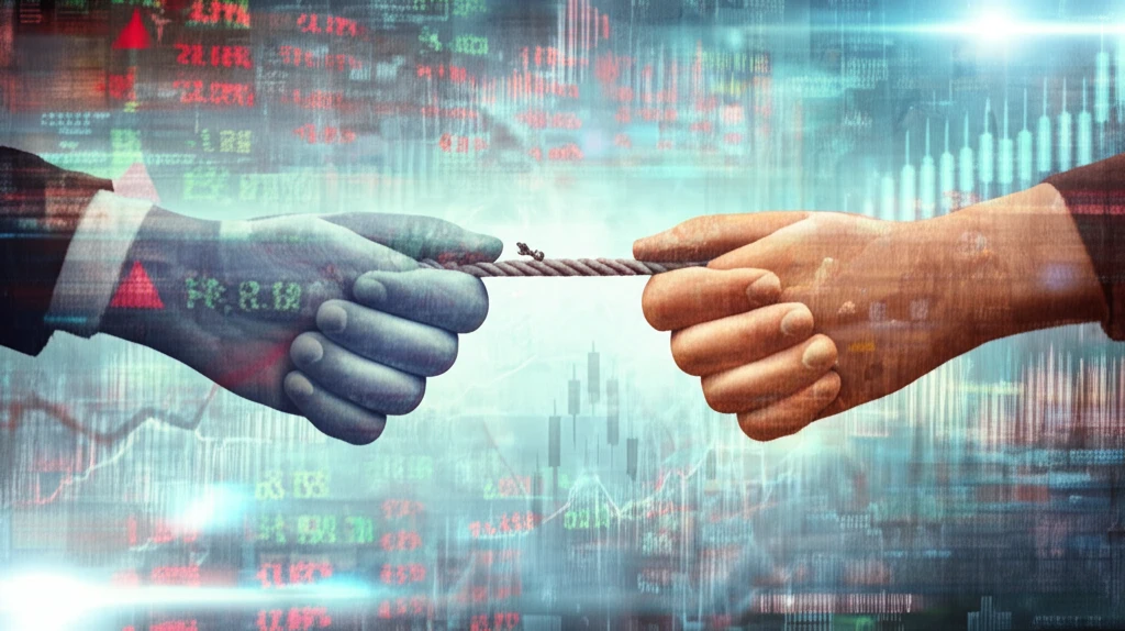 Surreal illustration of opposing hands pulling a stock chart, representing differing investor opinions.