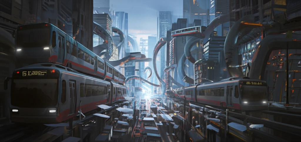 Futuristic cityscape intertwined with public transportation routes.
