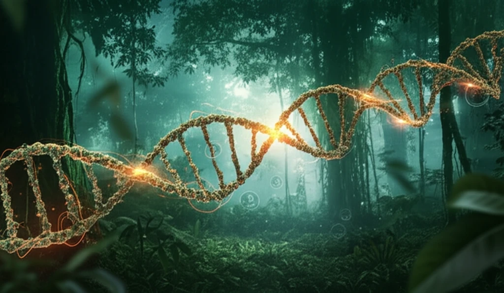 Illustration of Brazilian rainforest with DNA strands, symbolizing cajui's antibacterial properties.