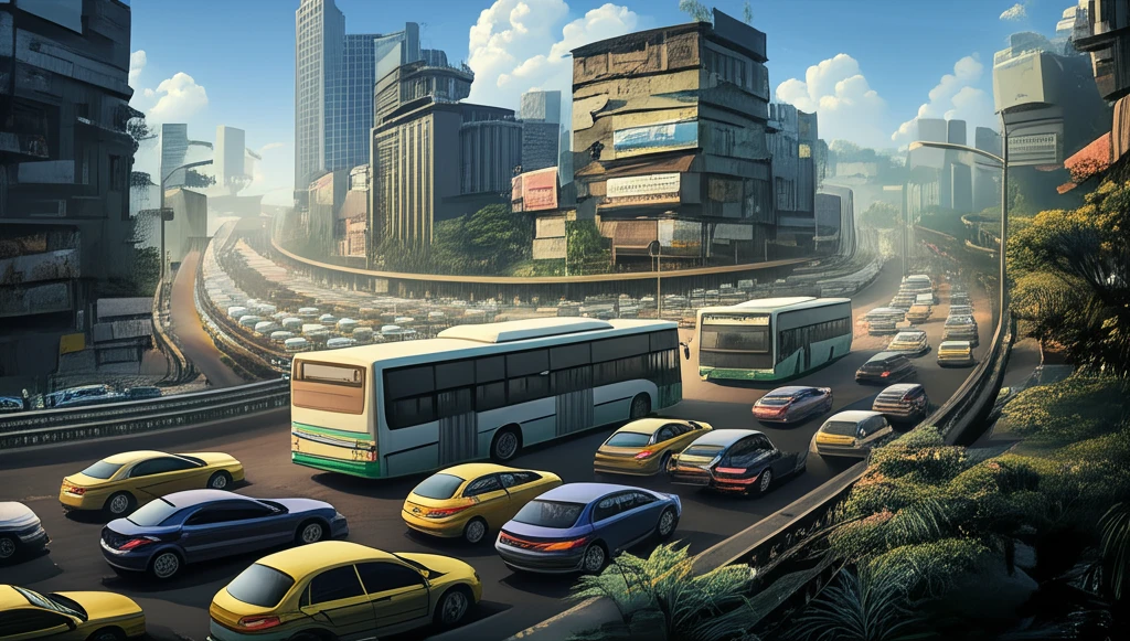 Futuristic Dhaka cityscape with free-flowing buses and congested cars, symbolizing the benefits of prioritizing public transport.