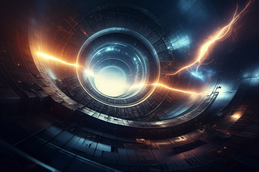 Plasma swirling inside a tokamak reactor with light rays symbolizing escaping alpha particles