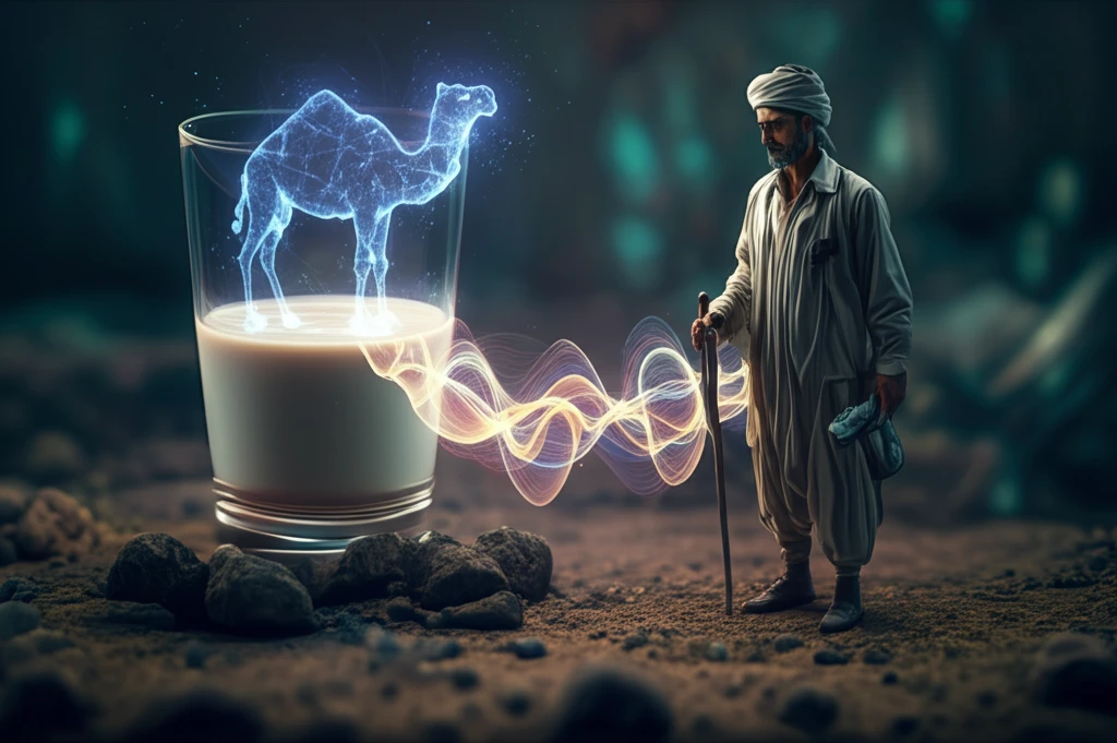 Camel milk with a holographic camel silhouette, symbolizing purity testing.