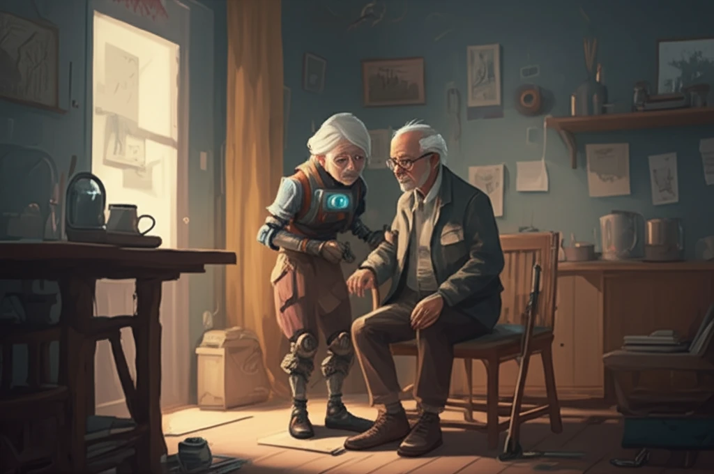 AI-powered robot helping an elderly person in a smart home environment.