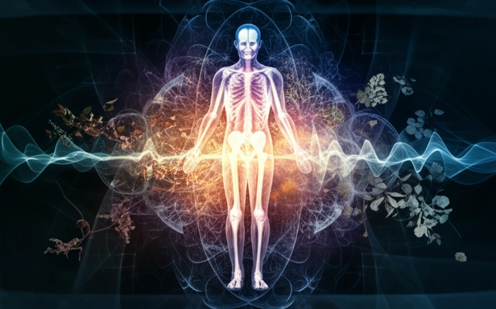 Glowing human body with interconnected acupuncture points and medicinal herbs.
