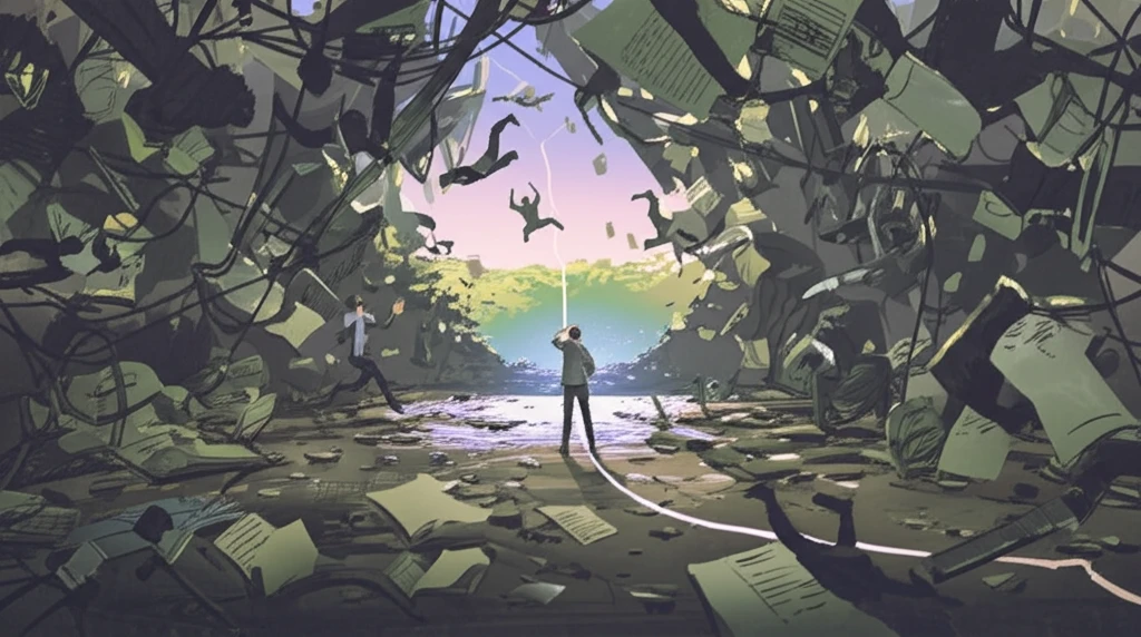 Surreal illustration of workplace stress and conflict.