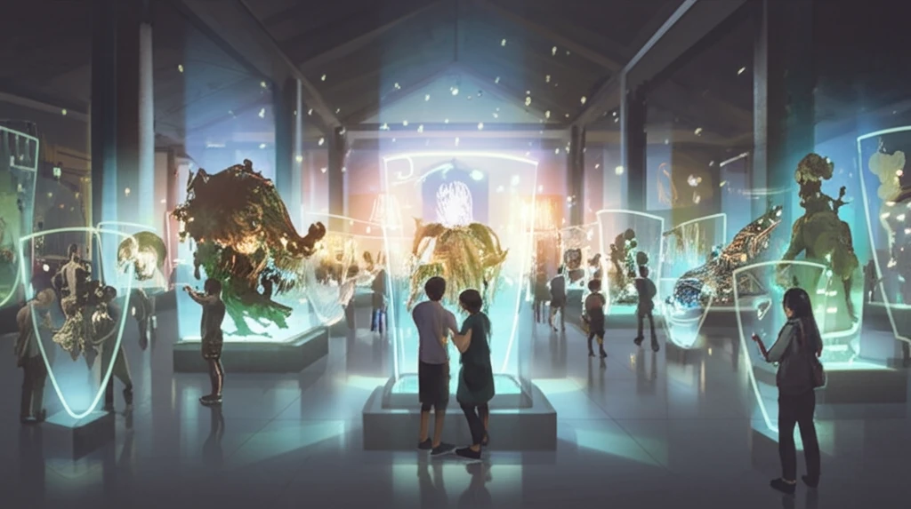 Glowing artifacts protected by invisible shields in a museum.