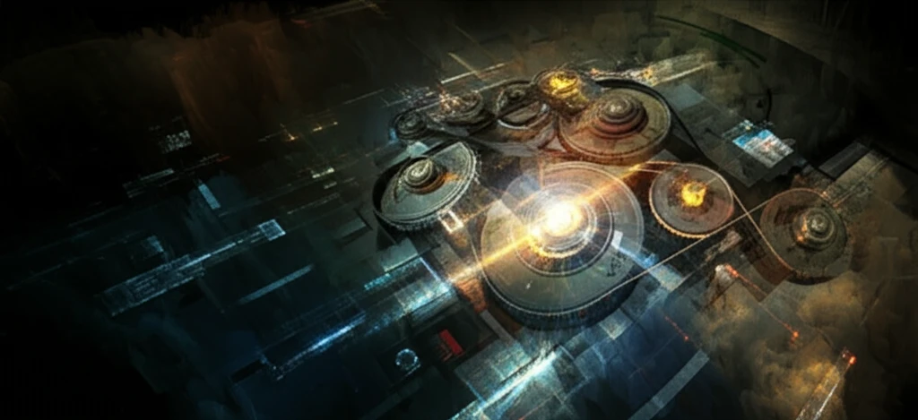 Futuristic belt-pulley system with glowing elements