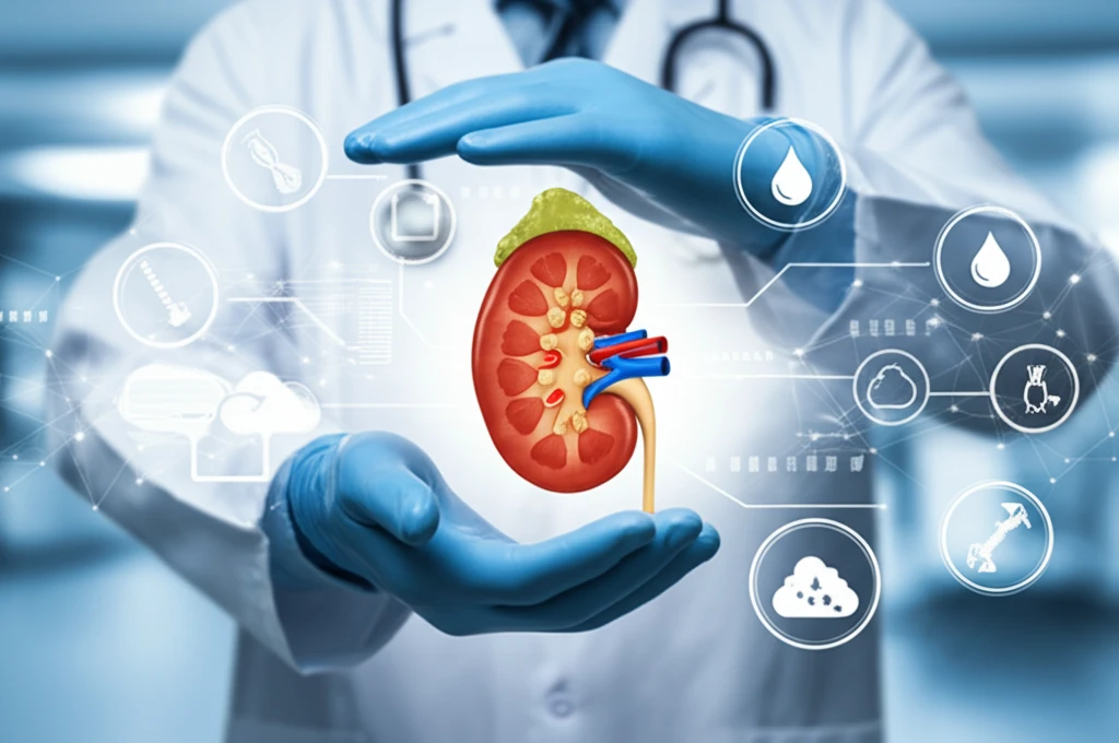 Protective hands gently cradle a healthy kidney, symbolizing hope and care in kidney transplantation.