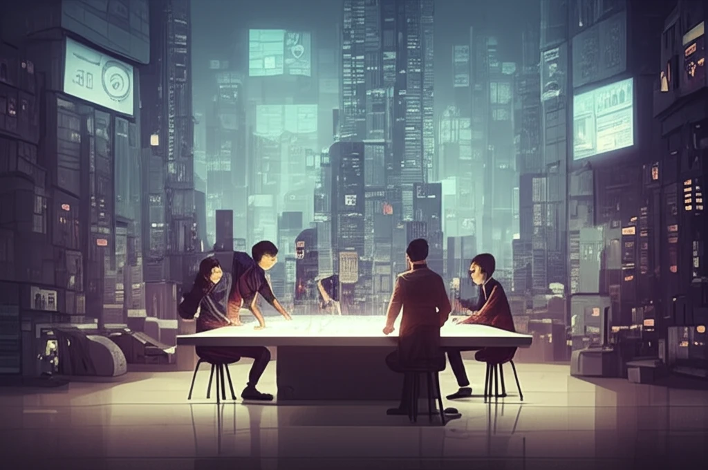 A diverse group collaboratively designs a futuristic cityscape on an interactive table.
