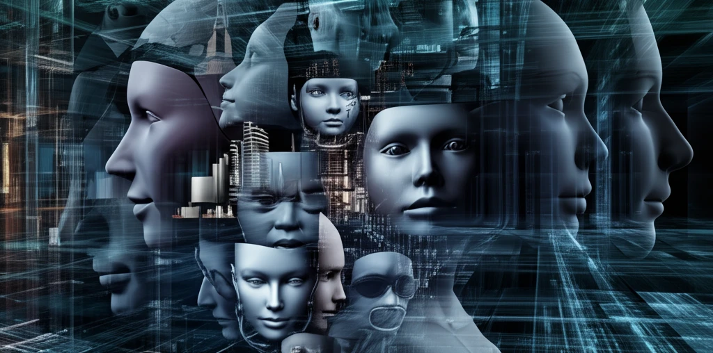 Futuristic cityscape merging with diverse faces, representing face recognition technology.