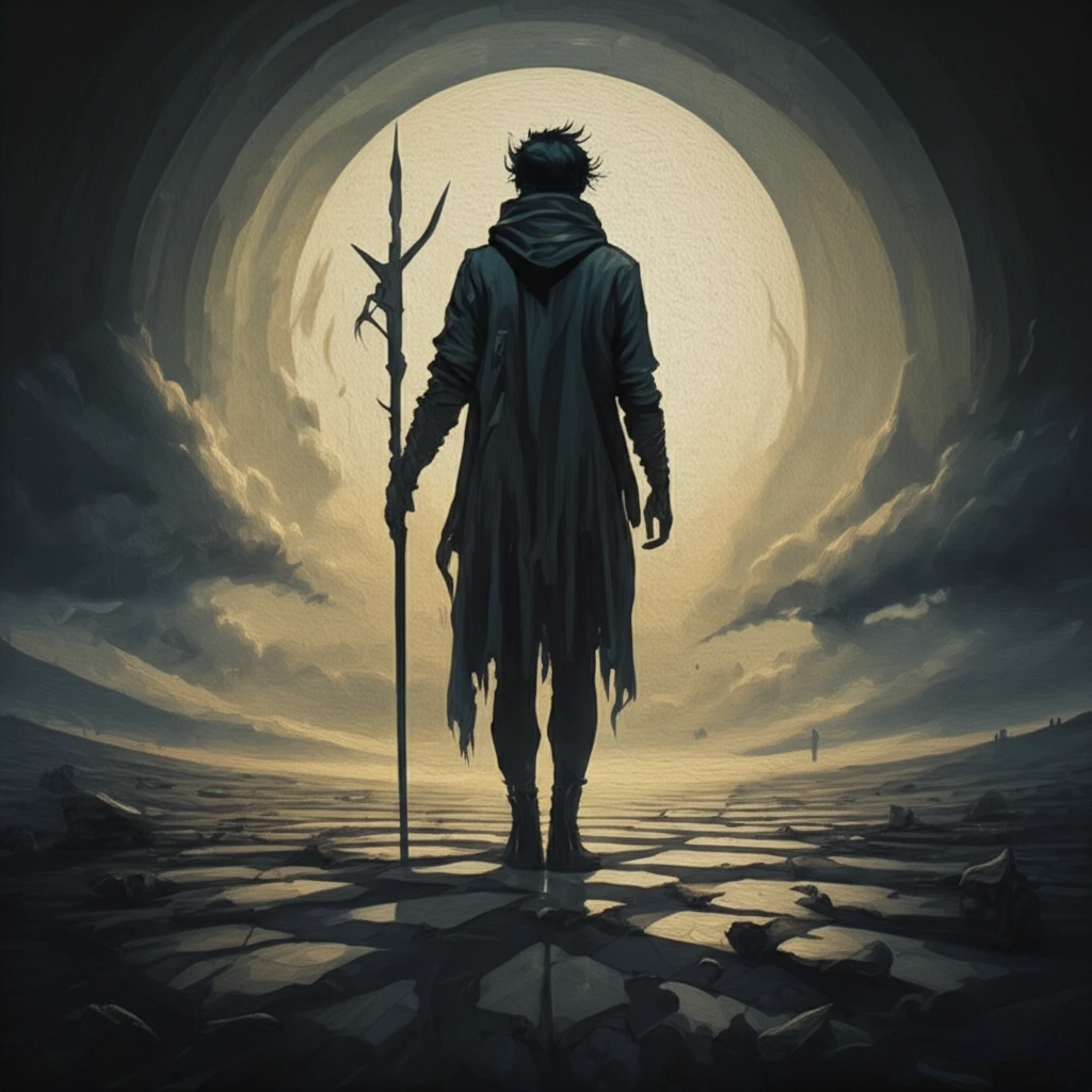 A person at a crossroads, with religious symbols in shadow and Satanic imagery in light, representing the complex choices in identity.