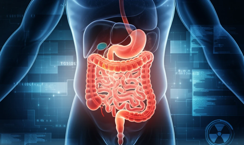 Glowing digital illustration of a digestive system highlighting nuclear medicine's diagnostic power.