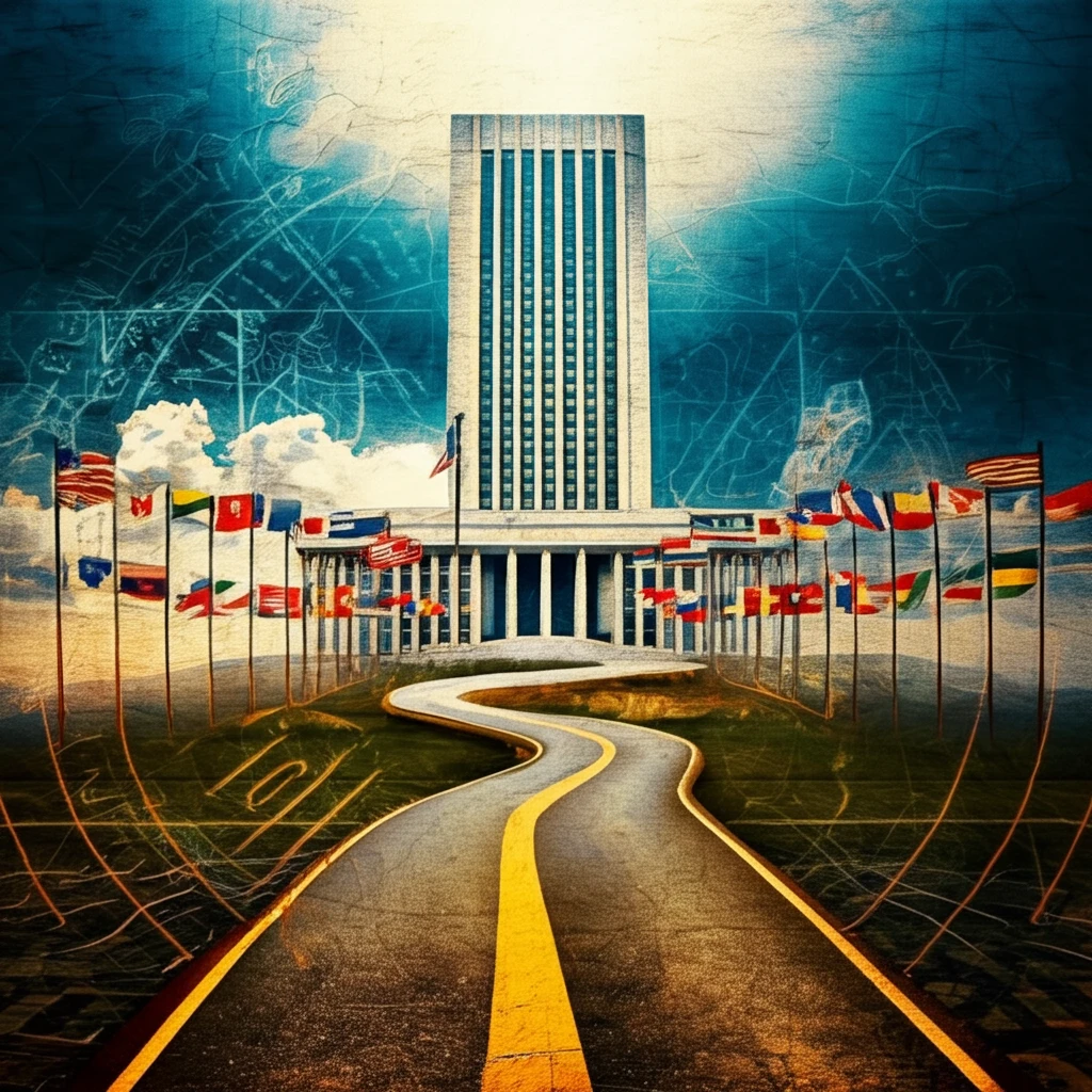 A surreal illustration depicting the journey of nation-building expertise, symbolized by a road leading to the US State Department amid a world of global connections.