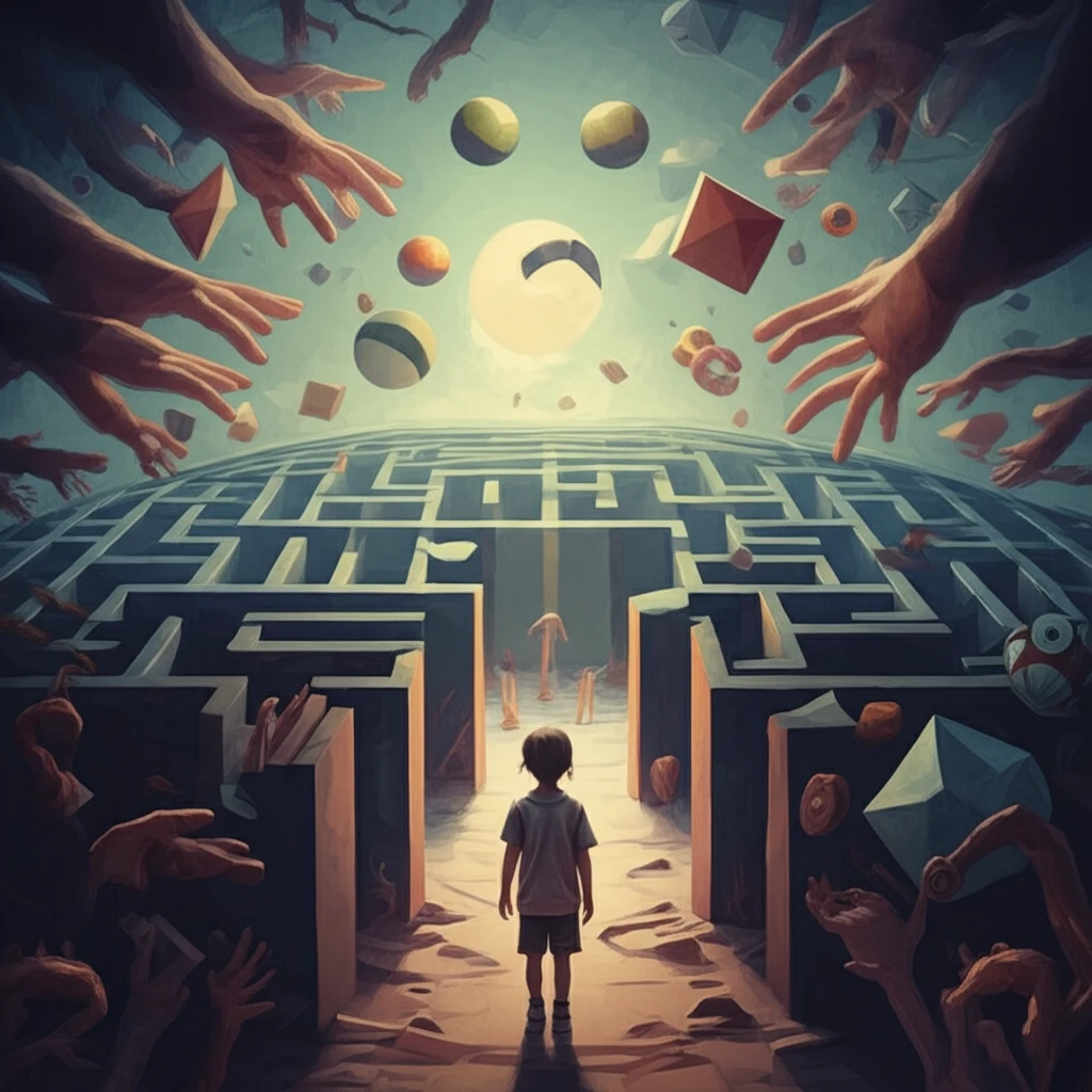 A child navigates a maze of emotions, symbolizing the challenges of behavioral disorders, with supportive hands guiding the way.