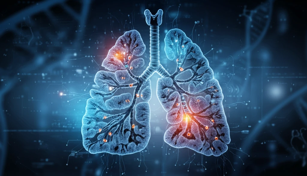 Surreal illustration of DNA lung with gene mutations.