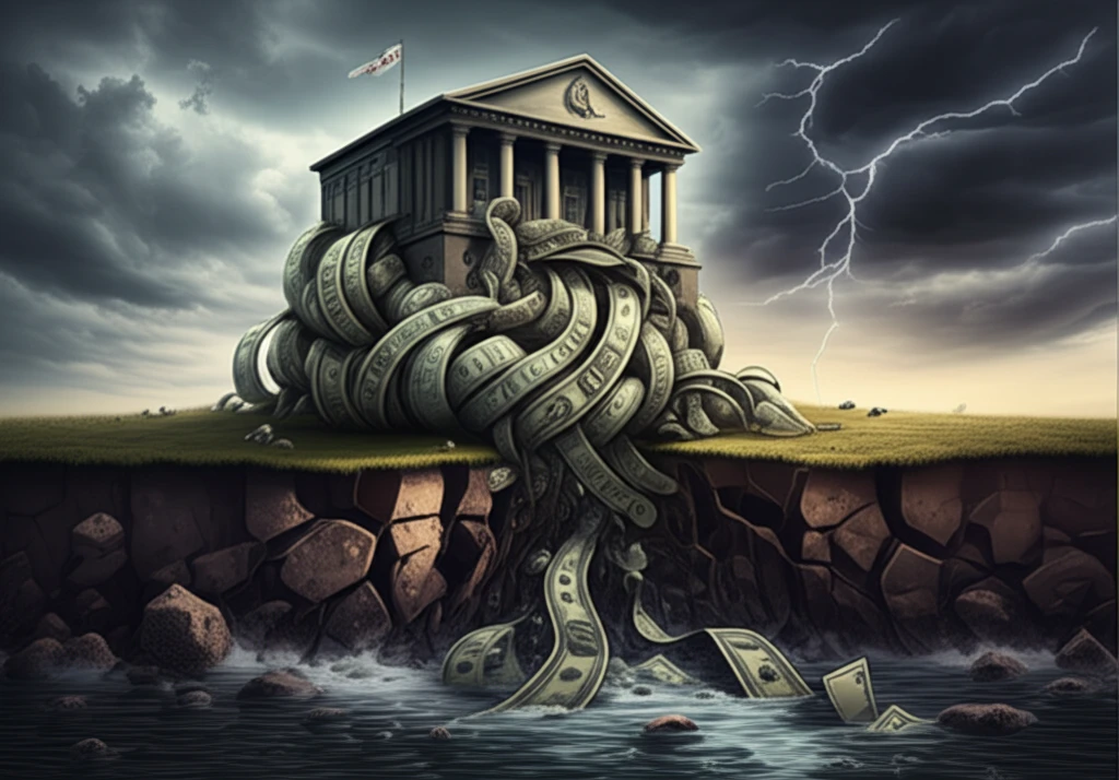 Surreal illustration of a bank intertwined with government bonds, foundation cracked symbolizing financial regulation's unintended consequences.