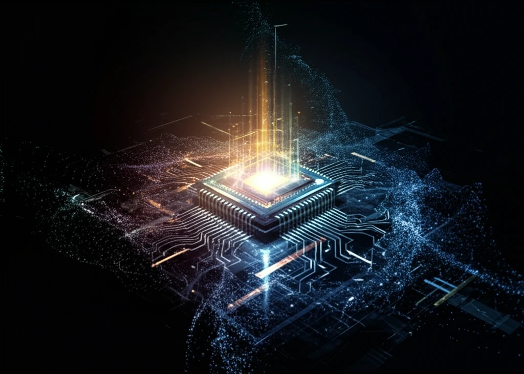 Particles swirling around a GPU chip.