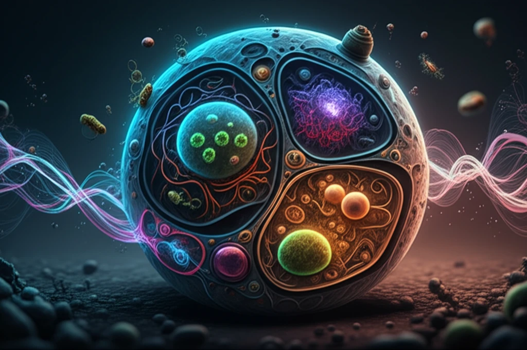 A surreal illustration depicting a miniature ecosystem exposed to radiation, showcasing the interconnectedness of life under environmental stress.