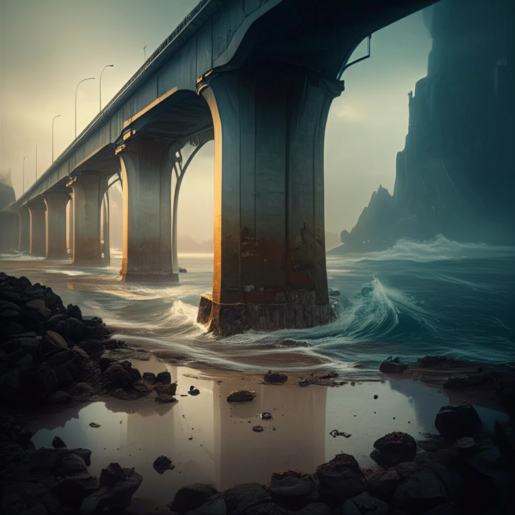 Bridge pier dramatically undermined by swirling water, illustrating river scour.