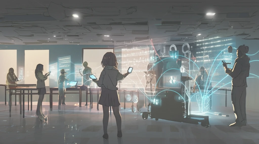 Interactive classroom with students engaging through mobile devices and holographic teacher.