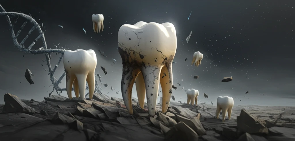 Surreal illustration of teeth erupting through rocky terrain, symbolizing genetic and mechanical challenges.