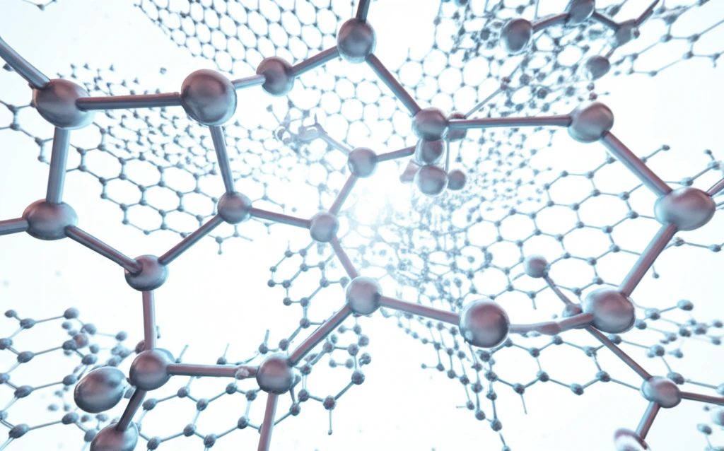 Interconnected carbon atoms symbolizing elasticity and nanoscale manipulation.