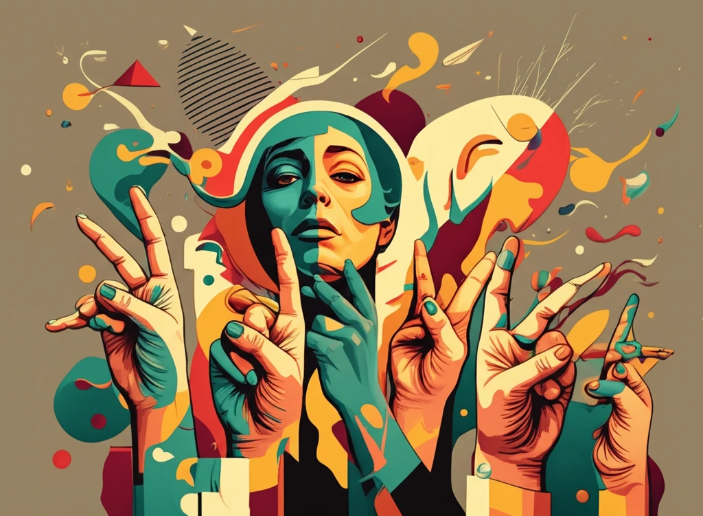 Abstract illustration of hands signing with expressive facial expressions and colorful shapes, symbolizing nonmanual signals in sign language.
