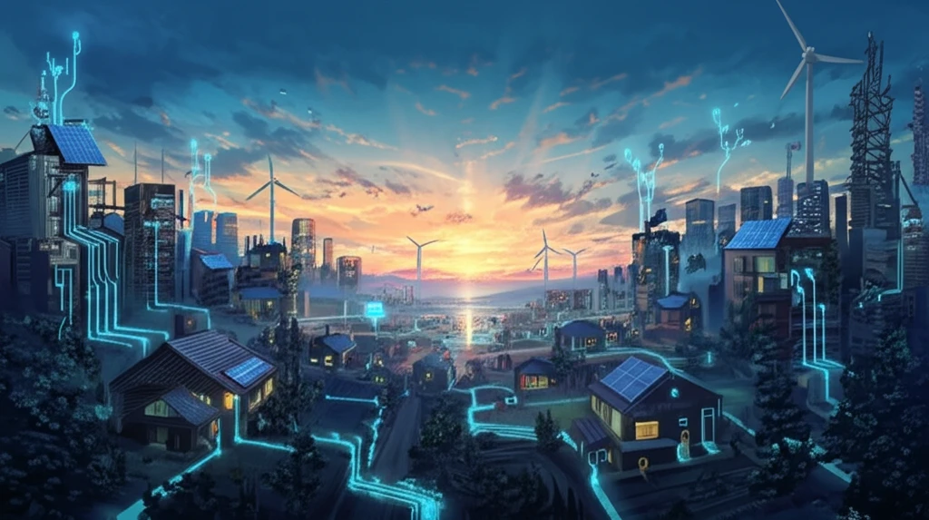 A futuristic neighborhood with glowing energy pathways connecting buildings, symbolizing energy sharing and sustainability.