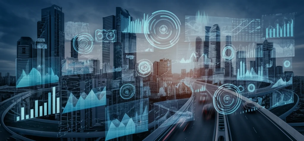 Futuristic cityscape with highway and economic data projections