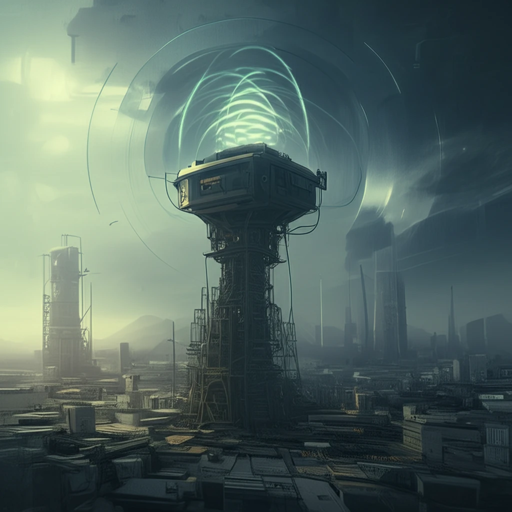 Compact antenna emitting focused waves over a detailed cityscape, symbolizing technological advancement.
