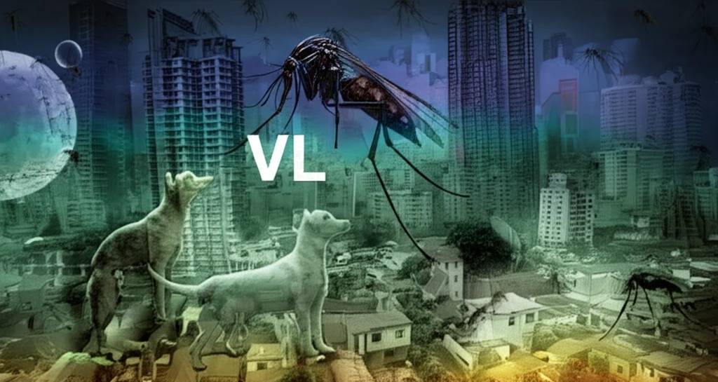 Surreal illustration depicting the interconnectedness of urban environments and the spread of Visceral Leishmaniasis.