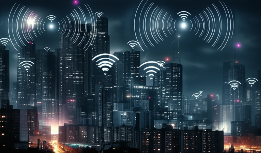 Futuristic city skyline with radio waves representing advanced digital beamforming technology.